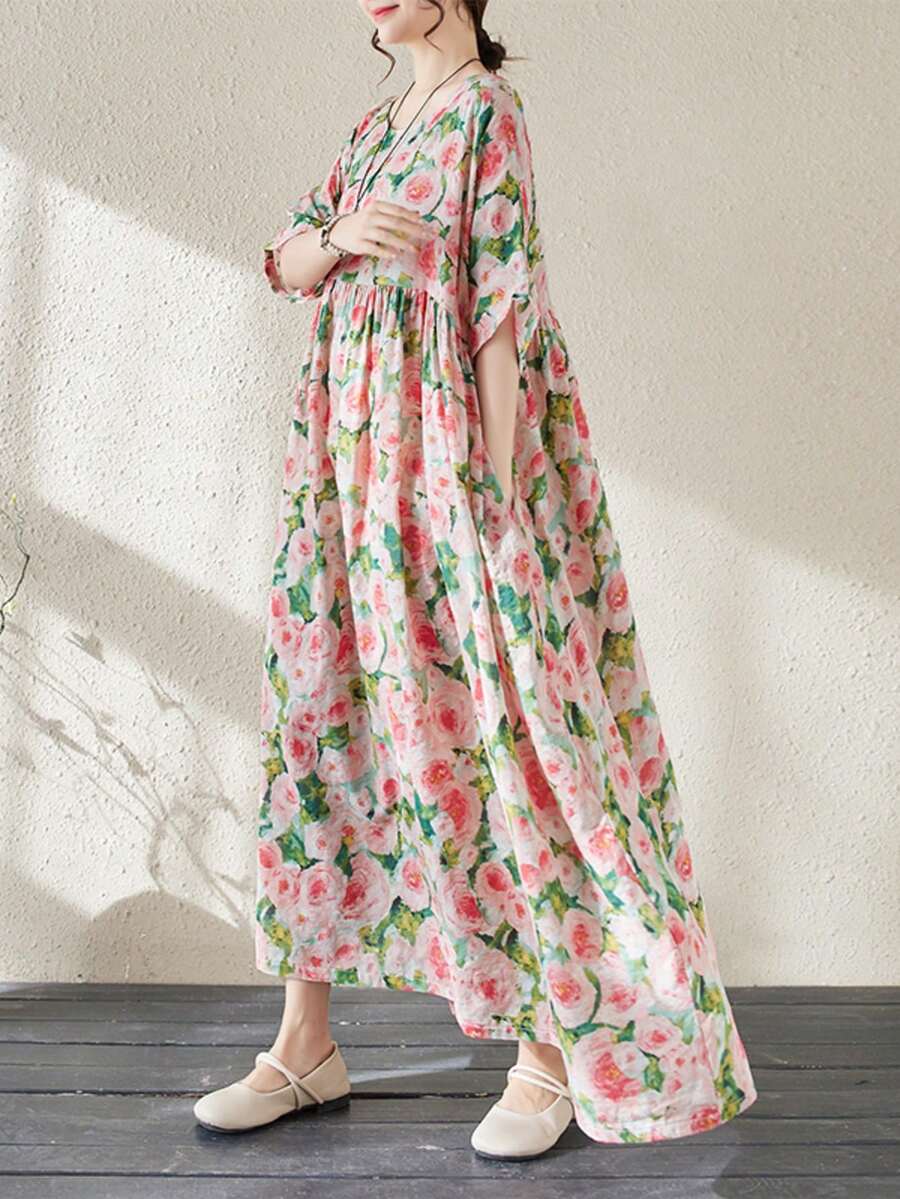 AZAH Đầm dài nữ mùa hè 2026 kiểu Bohemian in họa tiết, tay ngắn, cổ tròn, dáng chữ A xếp ly, có túi, thích hợp mặc đi nghỉ mát, kiểu slip dress, họa tiết ngẫu nhiên màu hồng. - Hồng - Xem 1