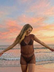 Beach Swimwear, Summer Knitted Openwork Top + Shorts, 2 Pieces Cover-Up - Brown - View 2