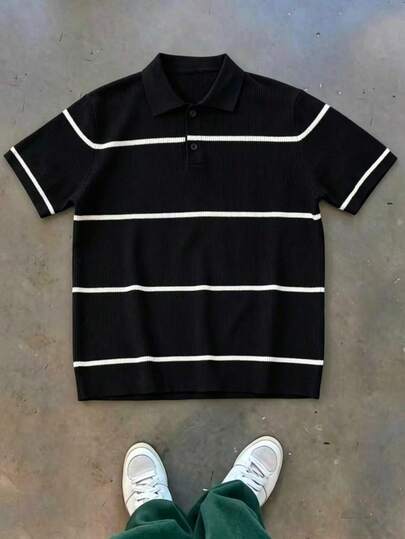 Men's Spring/Summer Knitted Short Sleeve Sweater Polo Collar Striped Contrast Color Casual Versatile