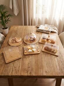1pc Transparent Cake Cover With Bamboo Tray, Dessert Display Stand, Pastry Bread Preservation Cover, Home Use Western Snack Plate, Multiple Sizes Available - 35.5x22.5x12cm - View 3
