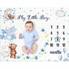1pc Baby Monthly Milestone Blanket With Felt Frame, Infant Growth Record Photography Backdrop Blanket, Flannel Swaddle Wrap - Multicolor - View 1