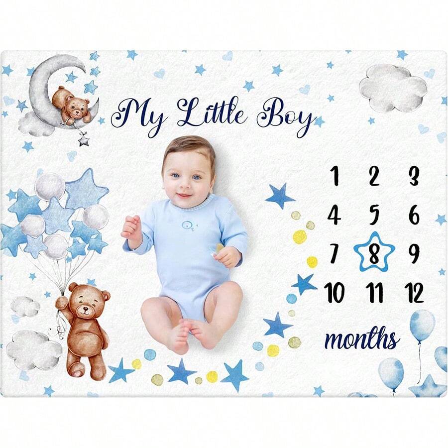 1pc Baby Monthly Milestone Blanket With Felt Frame, Infant Growth Record Photography Backdrop Blanket, Flannel Swaddle Wrap - Multicolor - View 1