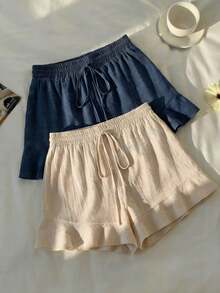 Quần short dáng rộng, màu trơn, có bèo nhún, dây rút, kiểu dáng thường ngày, thoáng khí, đa năng, phù hợp cho đi làm, dạo phố, dự tiệc mùa hè, kiểu dáng casual mới 2026. - Nhiều màu - Xem 5