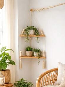 1pc Bohemian Style Double-Layer Wall Hanging Shelf, Macrame Rope Suspended Book Rack, Woven Decor Wall Shelf, Aesthetic Style Room Decor, Rustic Wall Storage Rack, Decorative Display Shelf - Multicolor - View 3