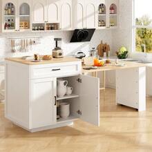 Extendable Bar Table With Storage 133 202 * 70 * 93.5 Cm With 2 Drawers And 2 Compartments Expandable Kitchen Island Table For 2 6 People Kitchen Dining Cart With Side Shelves White. - White + MDF - View 8