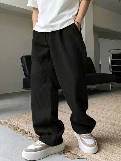 1件装 男童弹力腰带保暖灯芯绒宽松直筒裤，适合秋冬季穿着