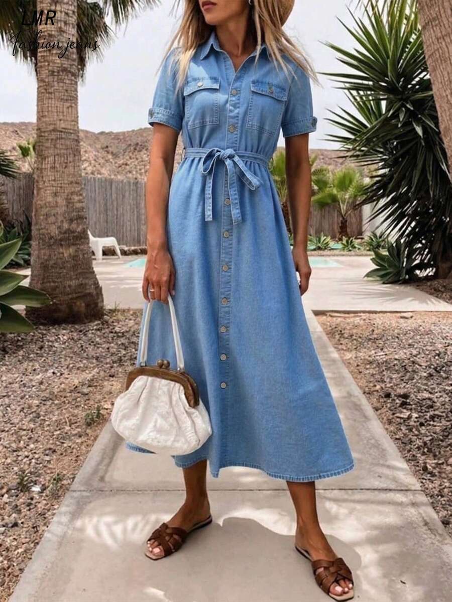 Robe en jean décontractée à boutons femme, couleur unie, printemps