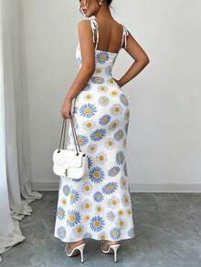 Women's Floral Print Ruched High Slit Tie Front Cami Dress Elegant - Multicolor - View 4