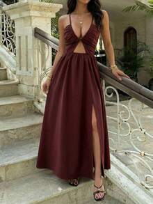 Women's Sexy Spaghetti Strap Deep V-Neck Ruched Slit Backless Tie-Waist Chocolate Color Dress, Elegant For Summer Vacation Party - Brown - View 3