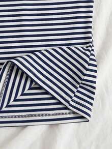 Women's Striped Knit Camisole, Contrast Lace Spaghetti Strap, Semi-Sheer Medium Stretch Summer Tank Top - Navy Blue - View 4
