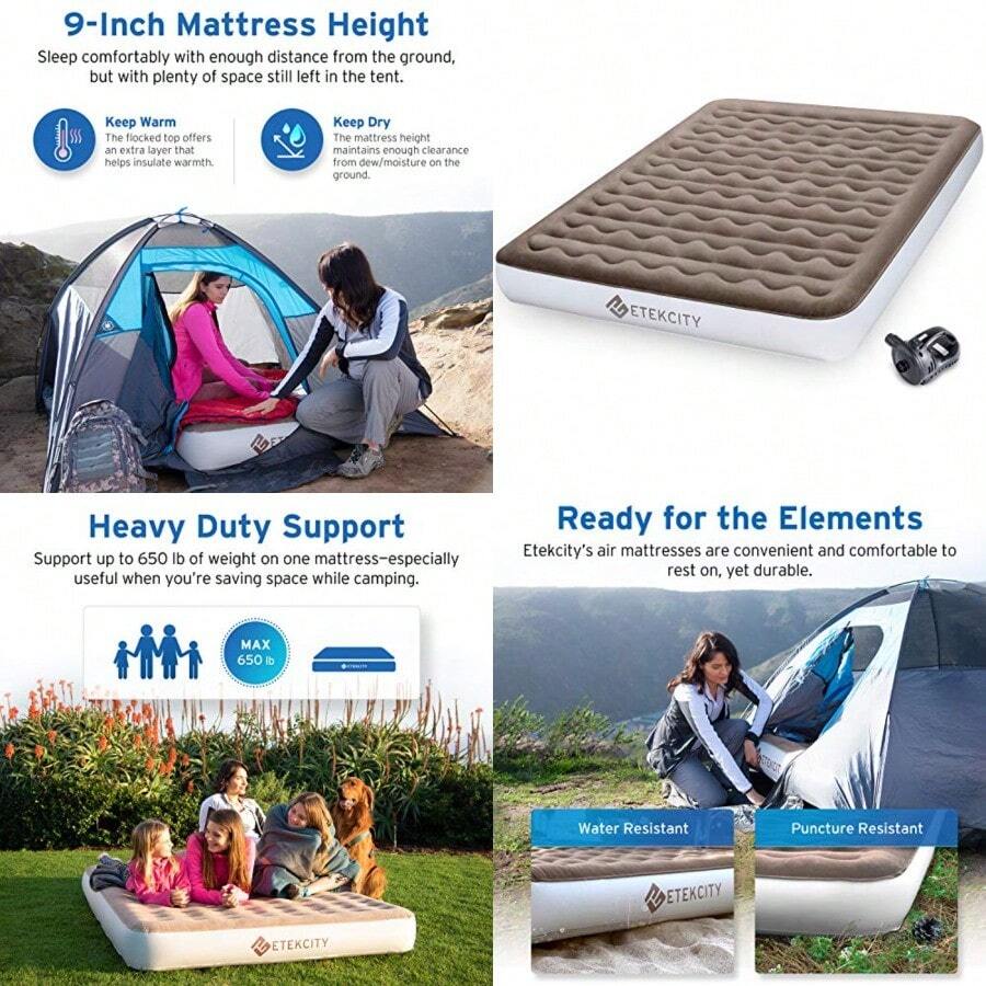 Etekcity Colchón de Aire para Camping Cama de Aire Inflable tamaño con Bomba Recargable colchón a Prueba de Fugas Altura 9 Pulgadas Bolsa de Almacenamiento Color café - Marrn y blanco - Ver 1