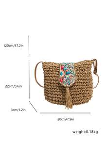 Bolso de paja de moda nueva Primavera/Verano 2026, bolso de hombro/cruzado con flecos, bolso de playa para vacaciones - Caqui - Ver 3
