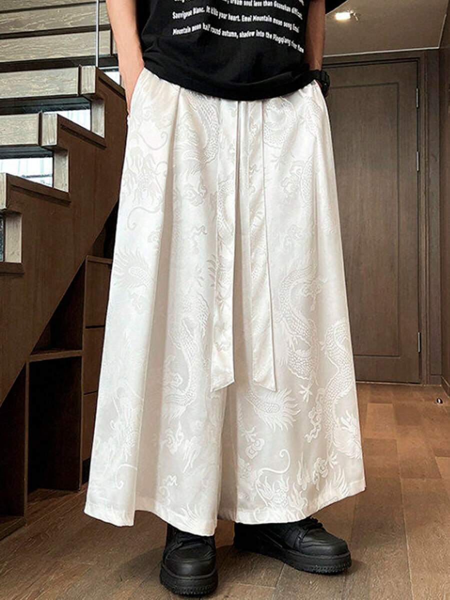 Herrbyxor i retrostil i kinesisk satin, palazzobyxor i jacquard med drakmönster och vida ben, andningsbara, mjuka och böljande byxor för vår och höst