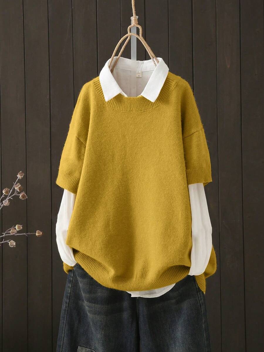 Plus Size Solid Color Crew Neck Short Sleeve Sweater, Autumn/Winter Spring - Yellow - View 1