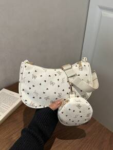 Juego de 2 piezas de bolso bandolera con patrón de flor de cerezo, bolso cuadrado mini con patrón geométrico para el Día de San Valentín con monedero, bolso cuadrado con patrón vintage de Body completo - Blanco - Ver 6