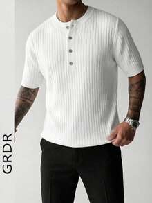 GRDR Men's Summer Fashion Henley Collar Striped Knit Short Sleeve Shirt, Essential Summer Wardrobe Knit Top - White - View 4