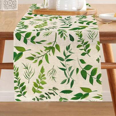1pc Green Leaf Pattern Printed Table Runner, 4pcs Green Leaf Pattern Printed Placemats, Suitable For Holidays, Parties, Birthdays, Dinners, Kitchen & Dining Room Table Decor, Applicable For All Seasons Home Decor, Household Textiles