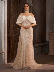 Captivating Beaded Tassel Evening Gown, Shimmering Mermaid Skirt With Detachable Wing-Style Cape, High-End Party Dress For Women - Apricot - View 5