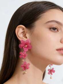 1 Đôi bông tai dài mặt dây chuyền pha lê thời trang hình cánh hoa bằng vải, bông tai tua rua hình hoa bằng chiffon đính kim thép và thủy tinh. - Màu Hồng Tươi - Xem 3