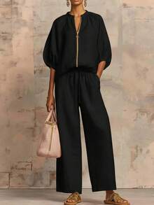 2026 Summer New European And American Women's Casual Loose Solid Color Zipper Round Neck Wide-Leg Pants Set For Women - 牛仔藍 - 查看 8