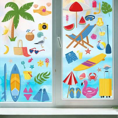 4 sztuki letnich, akwarelowych, statycznych naklejek na okna, urocze flamingi, palmy, deski surfingowe, wielokrotnego użytku, bez pozostałości, statyczne naklejki, idealne do letniej dekoracji domu