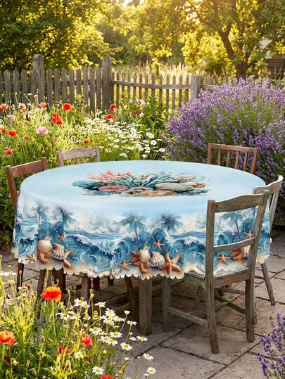 1 chiếc khăn trải bàn chủ đề đại dương, chất liệu polyester chống thấm nước và chống bám bẩn, in hình sóng biển, sao biển, vỏ sò và cây cọ, viền lượn sóng, thích hợp cho sân hiên mùa hè, nhà ven biển, tiệc nướng ngoài trời, tiệc ven biển và trang trí bàn ăn trong nhà và ngoài trời.