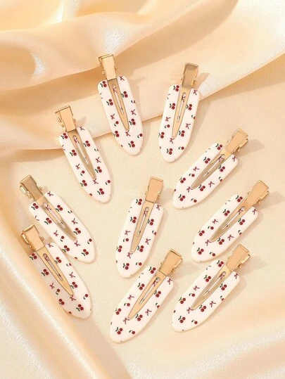 10个可爱温柔的樱桃蝴蝶印花发夹，不伤发刘海侧夹，象牙白，适合外出、约会、聚会、通勤，优雅装饰，百搭女士发饰