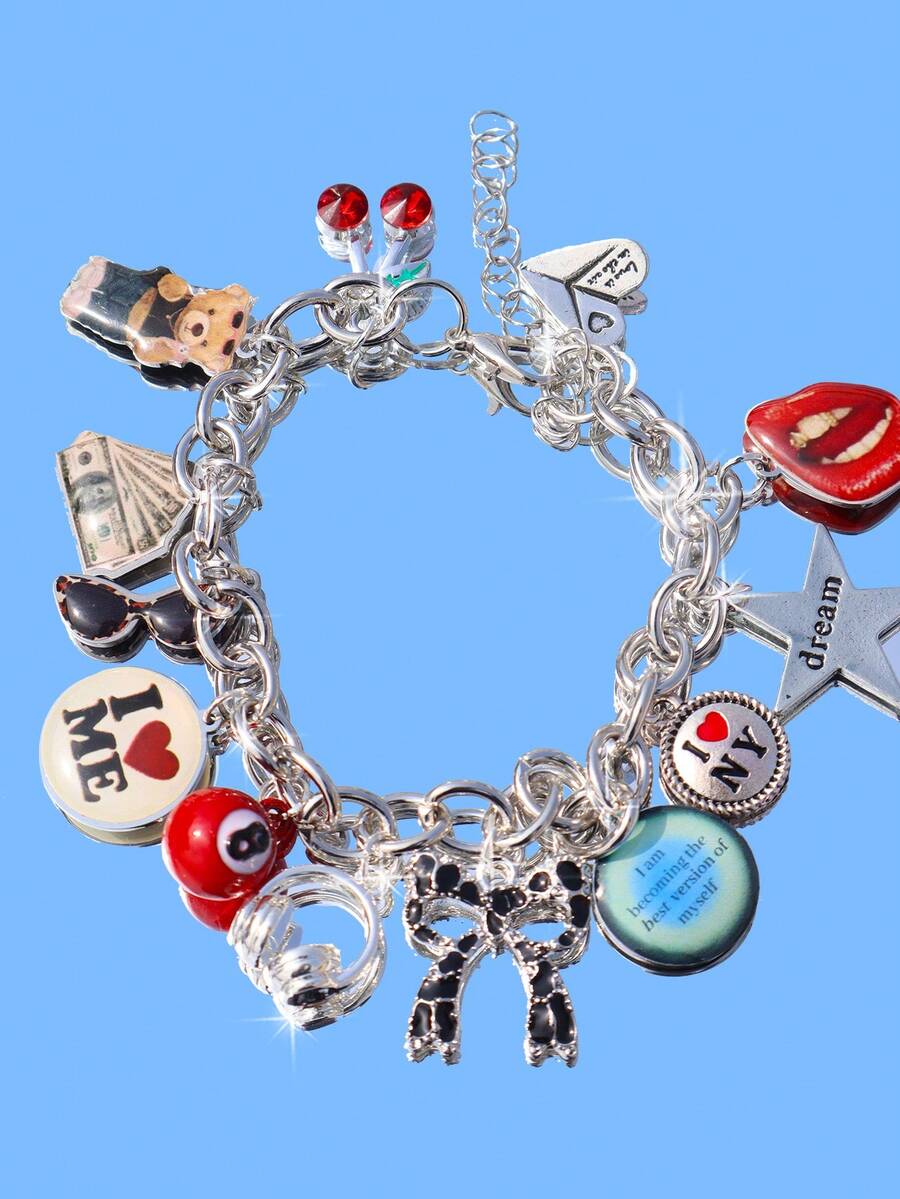 1条“爱自己”樱桃标语台球手链，1条豹纹蝴蝶结手链，1条时尚豹纹眼镜纪念手链，1条星光女孩音乐派对手链，1条可爱小熊手链