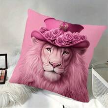 1 pieza Funda de almohada decorativa elegante con diseño de león rosa, diseño de sombrero de rosa rosa y león, 18"X18", suave y mullida, con cremallera, para decoración del hogar en la sala de estar y el sofá, sin incluir el relleno de la almohada - Multicolor - Ver 11