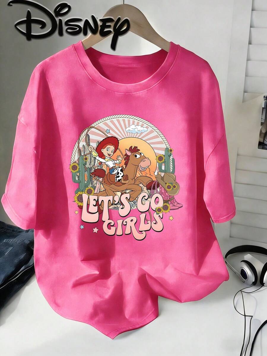 Disney Toy Story Jessie Let's Go Girls Vintage Washed Brown Oversized Cotton T-Shirt, Extra Large Baggy Fit Tee For Women, Jessie Cowgirl Fan Top - 玫紅色 - 查看 1