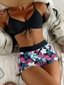 Green Floral Print Wrap-Around Bikini Bottom, Suitable For Various Occasions Vacation Beach Summer - Multicolor - View 1
