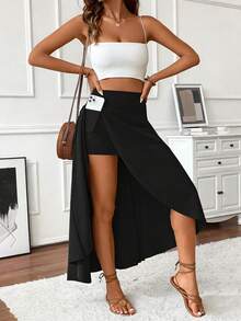 Falda asimétrica de talle alto con volantes y abertura, con pantalones cortos incorporados y bolsillos, vestido de línea A para vacaciones de primavera/verano y deportes, talla grande - Negro - Ver 6