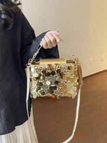 闪亮新款多功能水桶包女士手提包，独特通勤单肩斜挎包，时尚购物手提包 - 金色 - 查看 6