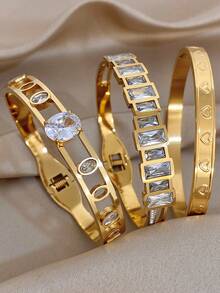 18K Gold Plated Luxury Elegant Oval Zirconia Heart Embossed Bangle Bracelet Set, Stainless Steel Jewelry, For Women Ladies, Summer Bohemia Beach Jewelry, Vacation Season, Gifts For Mom, For Daily Party Dates Gala Wedding Valentine Anniversary Music Festival Christmas, Dates, Easter Day - Multicolor - View 12