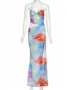 Sexy Backless Printed Form-Fitting Dress, Slimming & Revealing - Blue - View 12