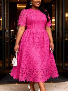 Plus Size Women Rose Lace Hollow Floral Elegant A-Line Maxi Dress, Suitable For Party And Wedding - 玫紅色 - 查看 1