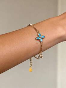 1 pièce Bracelet à fleur à quatre feuilles minimaliste français avec incrustation de diamants en cuivre pour femmes, accessoire de bijoux étincelant à la mode - Doré - Voir 8