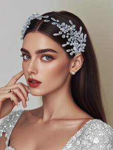 1 pieza Tocado elegante para mujer, diadema con rhinestones plateados, diadema de alta calidad, tocado nupcial, accesorio para el cabello de mujer, tocado de disfraz, tocado de boda, decoración para peinado de fiesta, accesorio para el cabello de primavera/verano, playa - Plateado - Ver 8
