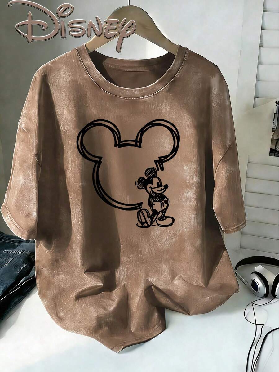 Disney Mickey Mouse Line Art Outline Vintage Washed Black Oversized Cotton T-Shirt, Extra Large Baggy Fit Tee For Women Men, Disney Fans Casual Top - Cà phê nâu - Xem 1