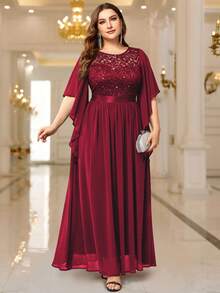Plus Size Elegant Sequin Lace Patchwork Chiffon Butterfly Sleeve Ruffle Hem Formal Party Maxi Dress Spring Red - Red - View 1