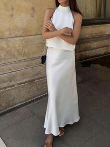 2pcs Elegant French Satin Halter Backless Ladies Set White Summer - 白色 - 查看 3