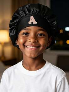1 Pc A-Z Letter Hats Children' Elastic Wide Brim Satin Sleeping Cap Elastic Caps Fit, Hair Protection, Ultra Soft & Breathable With Anti-Slip Lining - Black - View 2