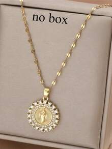 1pc Gold Stainless Steel Chain Plated Gold Cubic Zirconia Round Mary Creative Design Pendant Necklace, Luxury Retro Fashion Minimalist Unisex Necklace For Casual, Party, Holiday Wear (OPP Bag Packaging) - Gold - View 1