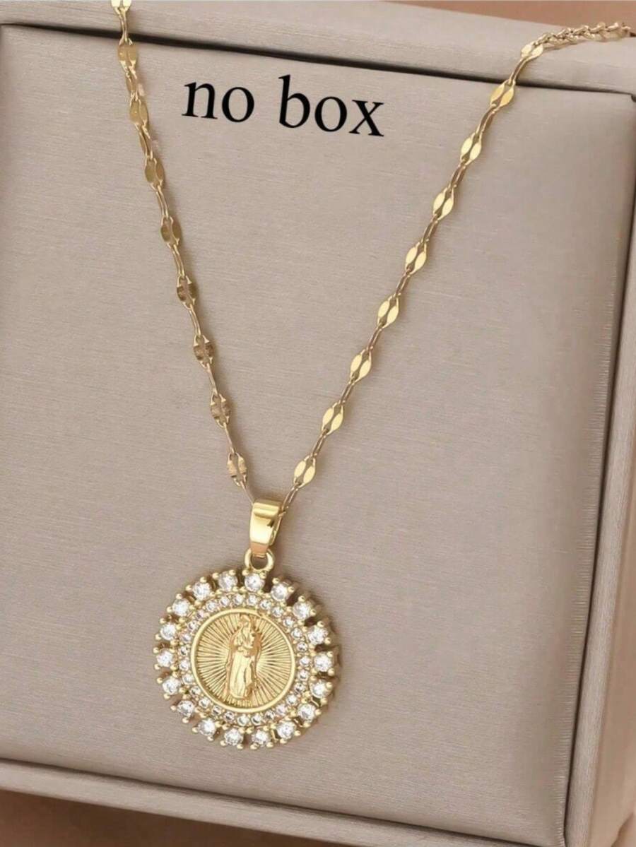 1pc Gold Stainless Steel Chain Plated Gold Cubic Zirconia Round Mary Creative Design Pendant Necklace, Luxury Retro Fashion Minimalist Unisex Necklace For Casual, Party, Holiday Wear (OPP Bag Packaging) - Gold - View 1
