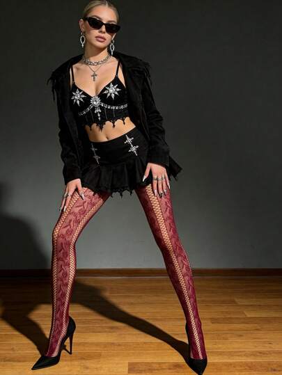 1pc Elastic Skinny Tights, French Retro Vertical Striped Hollow Rose Jacquard Fishnet Pantyhose, Thin For Spring/Summer, Y2K Sexy Leggings, Slimming Leg, Versatile For Halloween, Christmas, Vacation, Dating, Matching Skirts/Pants