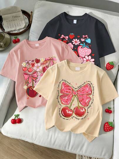 3pcs/Set Girls Cute Cherry Strawberry Bow Graphic T-Shirt Set, Loose Sweet Fruit Aesthetic Style Tees, Soft Comfortable Fabric Sweet Tops, Suitable For School And Daily Wear In Summer