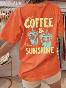 "Iced Coffee & Sunshine" Orange Cup Print T-Shirt |  Clothes Women, Loose Fit, Summer Tops, Spring Vibes, Cozy Aesthetic Tee - 珊瑚橙 - 查看 3