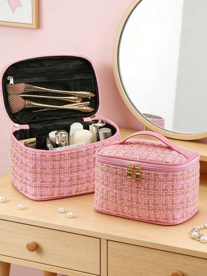 1个女士大容量便携可爱洗漱包，金色条纹图案，化妆包，新娘礼物，圣诞礼物，卫生巾收纳袋，化妆包，收纳盒，大容量旅行化妆包，便携式洗漱用品和旅行必备品收纳包，拉链封口，化妆包，大容量，简约优雅，旅行收纳包和化妆品，必备品，可用作礼物，指甲