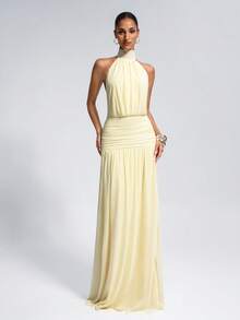 Elegant Yellow Halter Ruched Waist Backless Maxi Dress, Perfect For Wedding Party, Beach Vacation, Going Out Wear, Summer Party, Graduation - Yellow - View 7