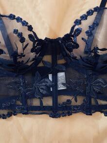 Sujetador con aros con bordado floral en azul marino, lencería romántica y sexy para mujeres - Azul Marino - Ver 3